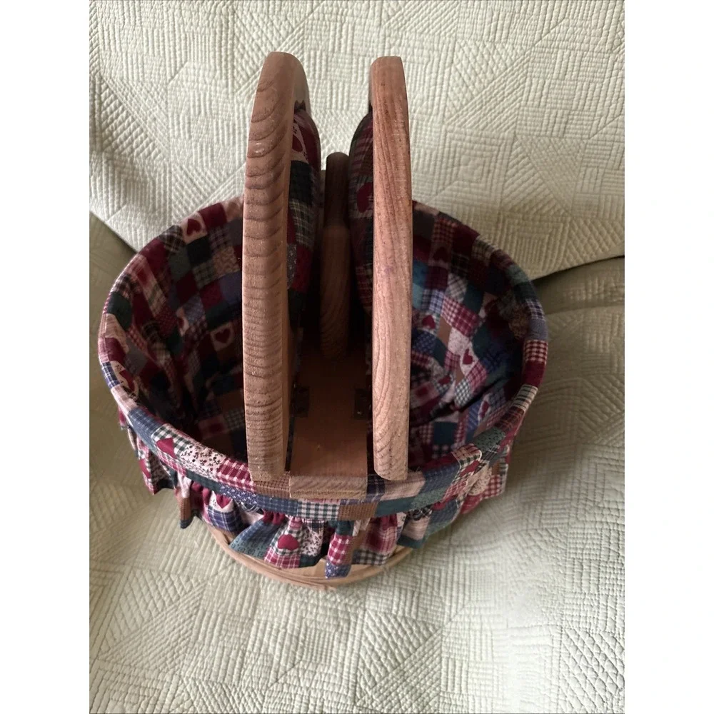 Vintage Bushel Sewing Basket Wooden DuelFlip Top Heart Handle Check Liner 14